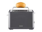 A gray SilverCrest toaster with a bread roll on its warming rack.