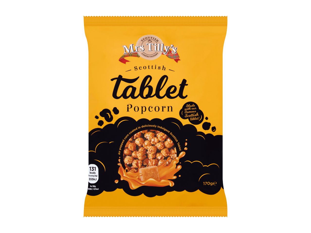 Yellow bag of Scottish tablet popcorn with a black design showing popcorn and a tablet piece.