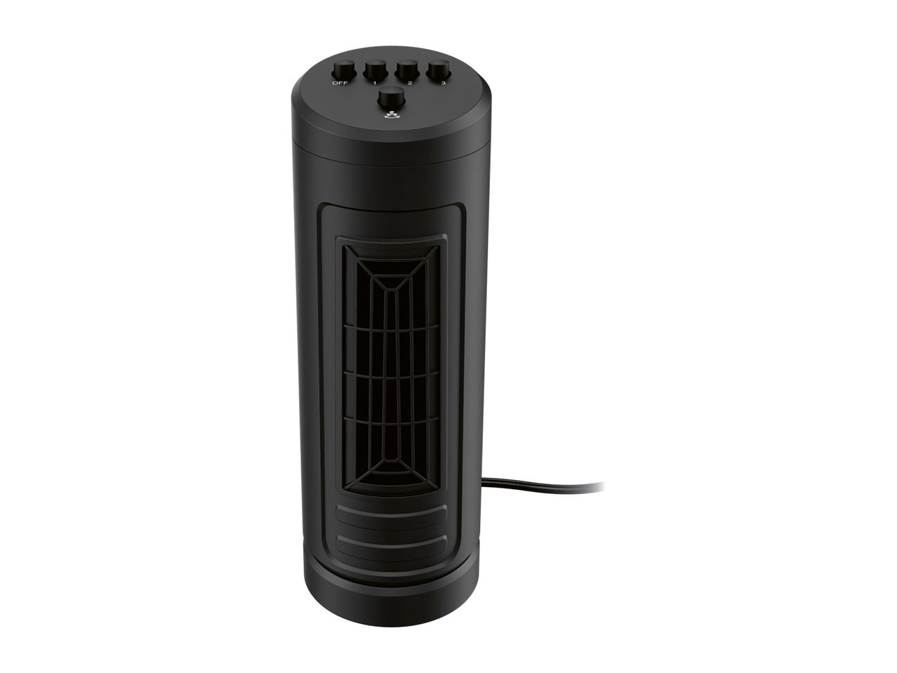 A black, cylindrical personal heater with a visible fan.