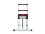 A telescopic ladder with red and green safety warnings, including 'DO NOT STEP ON THIS RUNG' and 'LAST RUNG TO BE STEPPED ON'.