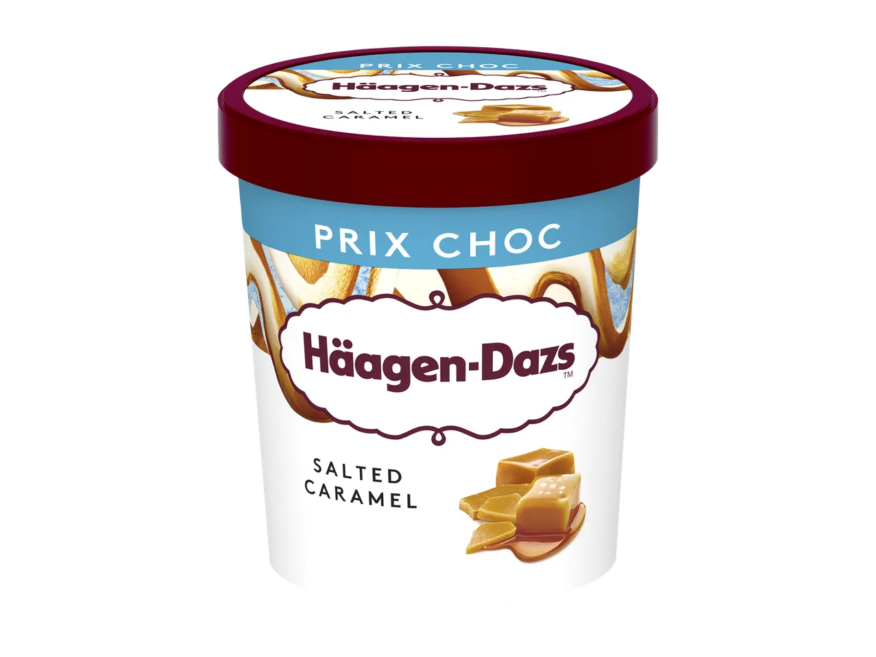 Pot de crème glacée saveur caramel salé avec des morceaux de caramel.