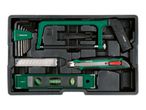 Tool set with hex keys, saw, utility knife, and spirit level in a black case.