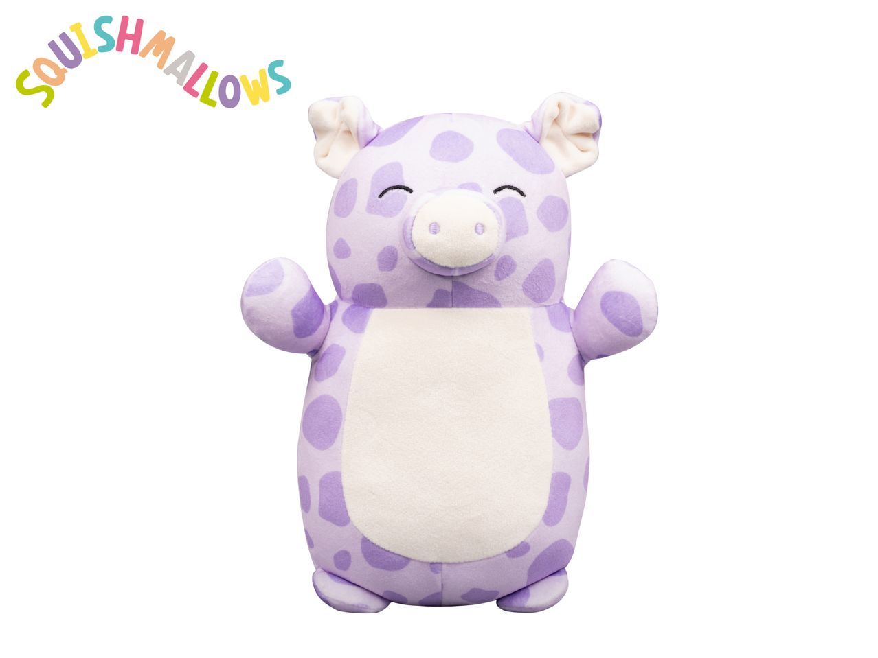 Purple spotted pig plush toy with a white belly and a happy expression.