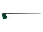 Long-handled fruit picker with a green collection bag and black tines.