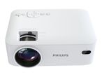 White projector with a lens, control buttons on top, and focus/keystone adjustments.