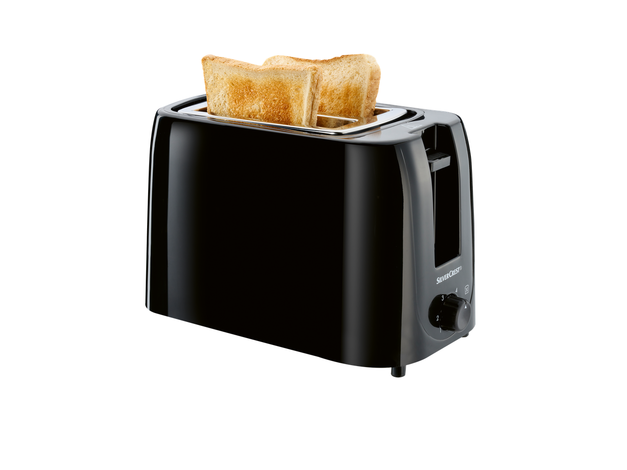 Black toaster with two slices of golden-brown toast
