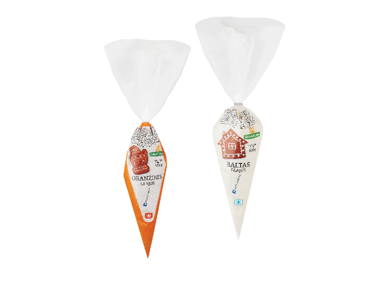 Du konditeriniai maišeliai su oranžiniu ir baltu glajumi, skirti sausainiams dekoruoti.