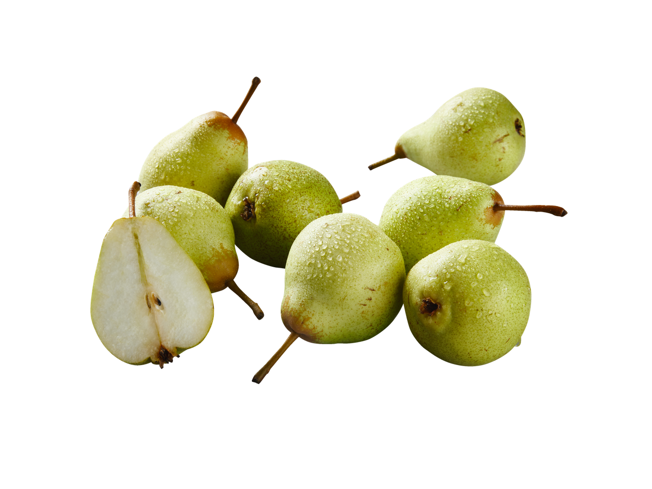 Juicy green pears, one sliced, on a black background.