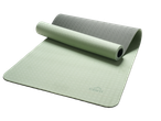 Постелка за йога CRIVIT, светлозелена и сива, частично навита.