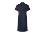 Back view of a navy blue polo dress with red and white striped collar and sleeve cuffs.