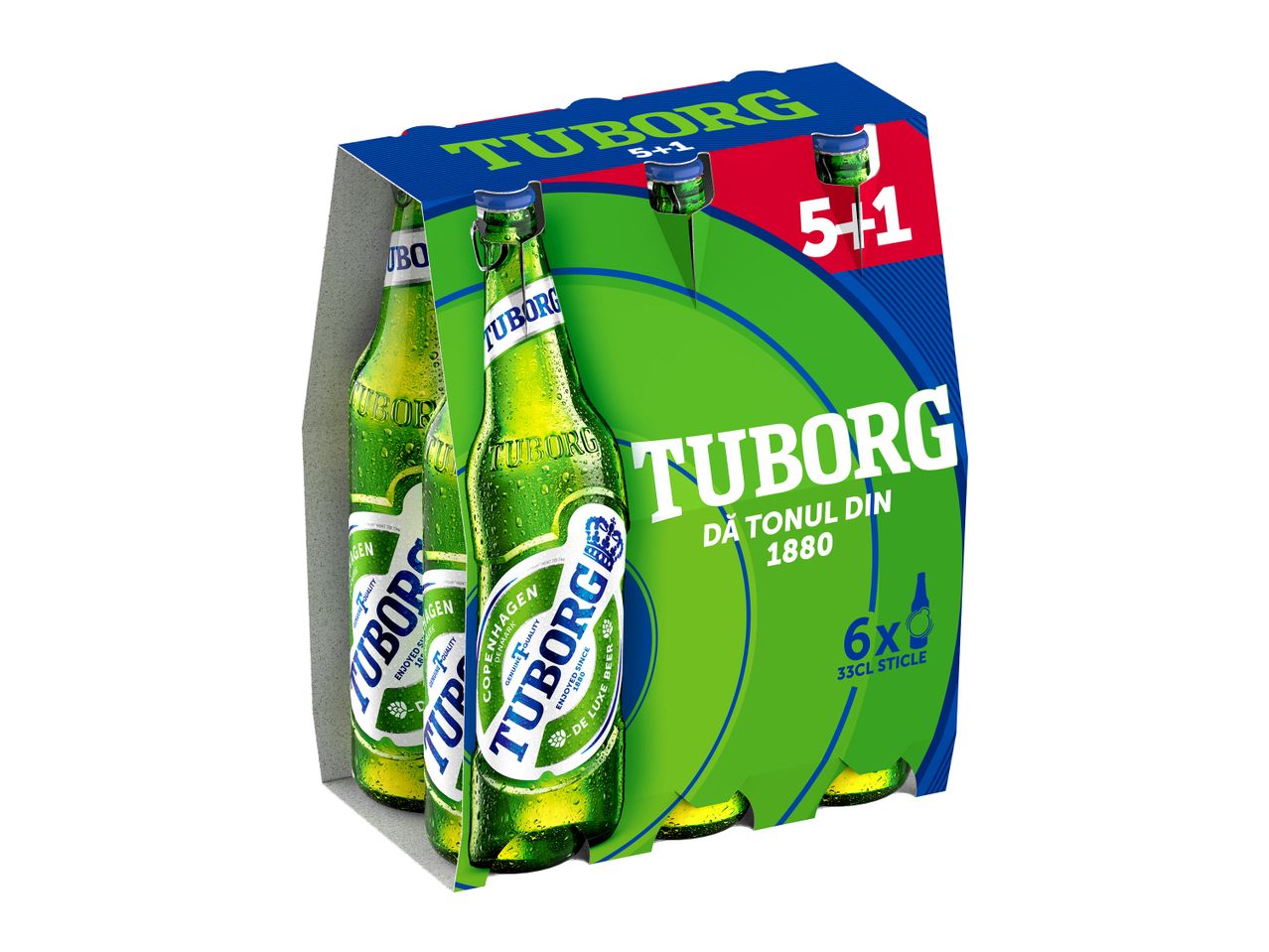 Un pachet de 6 sticle de bere Tuborg, cu o sticlă bonus, design verde și albastru.