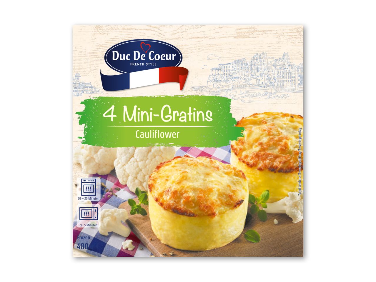4 mini-gratiner med blomkål, frosne, klar til ovn eller mikroovn.