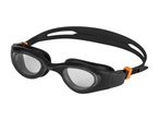 Black swimming goggles with clear lenses and orange adjusters