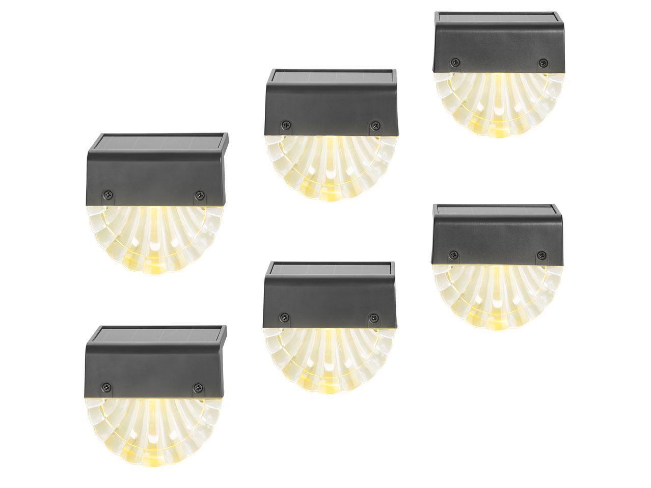 Šest solarnih LED luči Livarno v obliki školjke, osvetljenih na črnem ozadju.