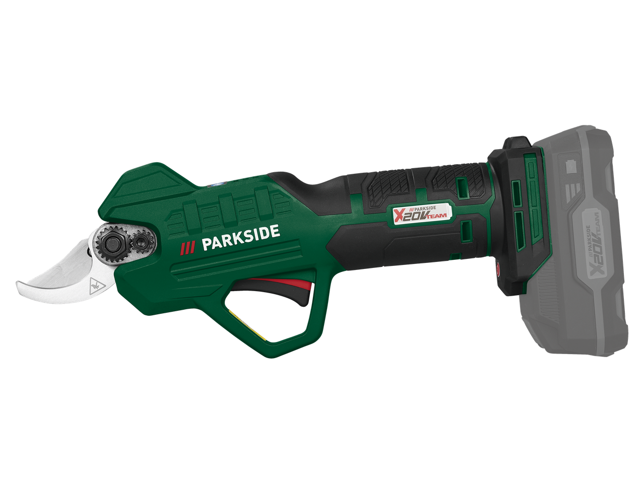 Zaļas un melnas akumulatora dārza šķēres ar sudraba asmeņiem un pelēku akumulatoru