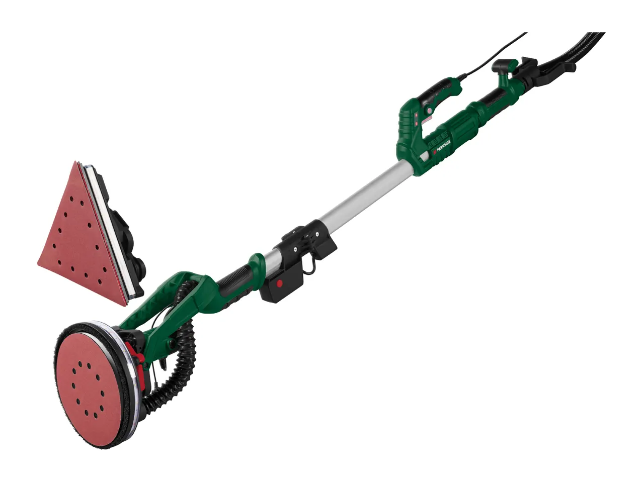 Long-reach drywall sander with a round sanding pad and a triangular sanding attachment.