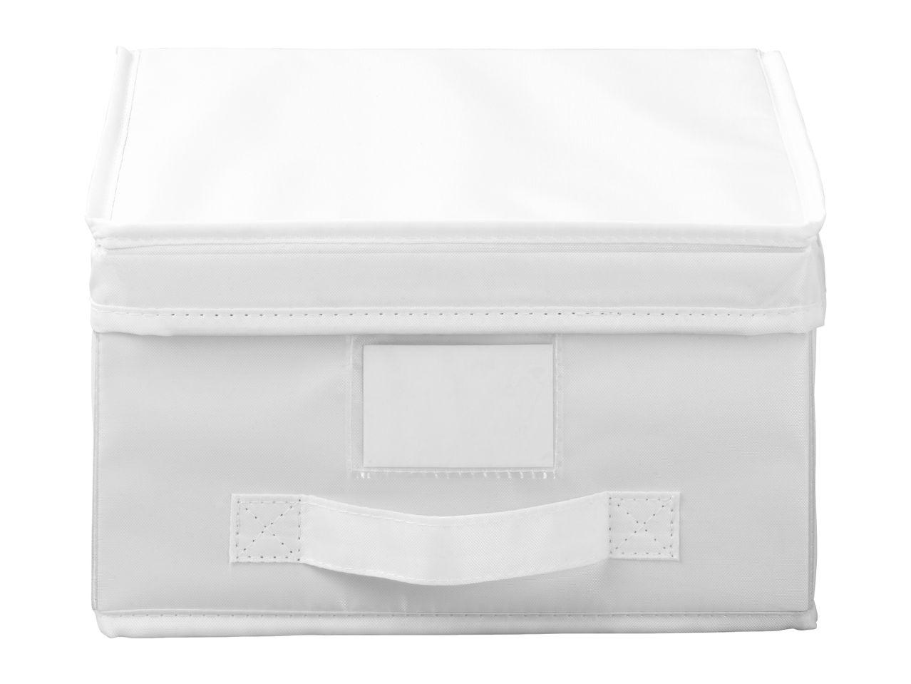 White fabric storage box with a lid, handle, and label holder