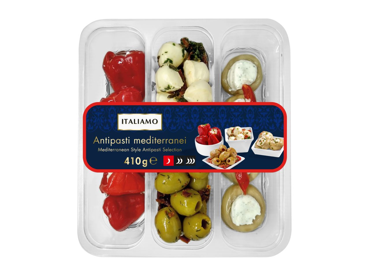 Antipasti selection with red peppers, mozzarella balls, olives, and stuffed peppers in a clear tray.
