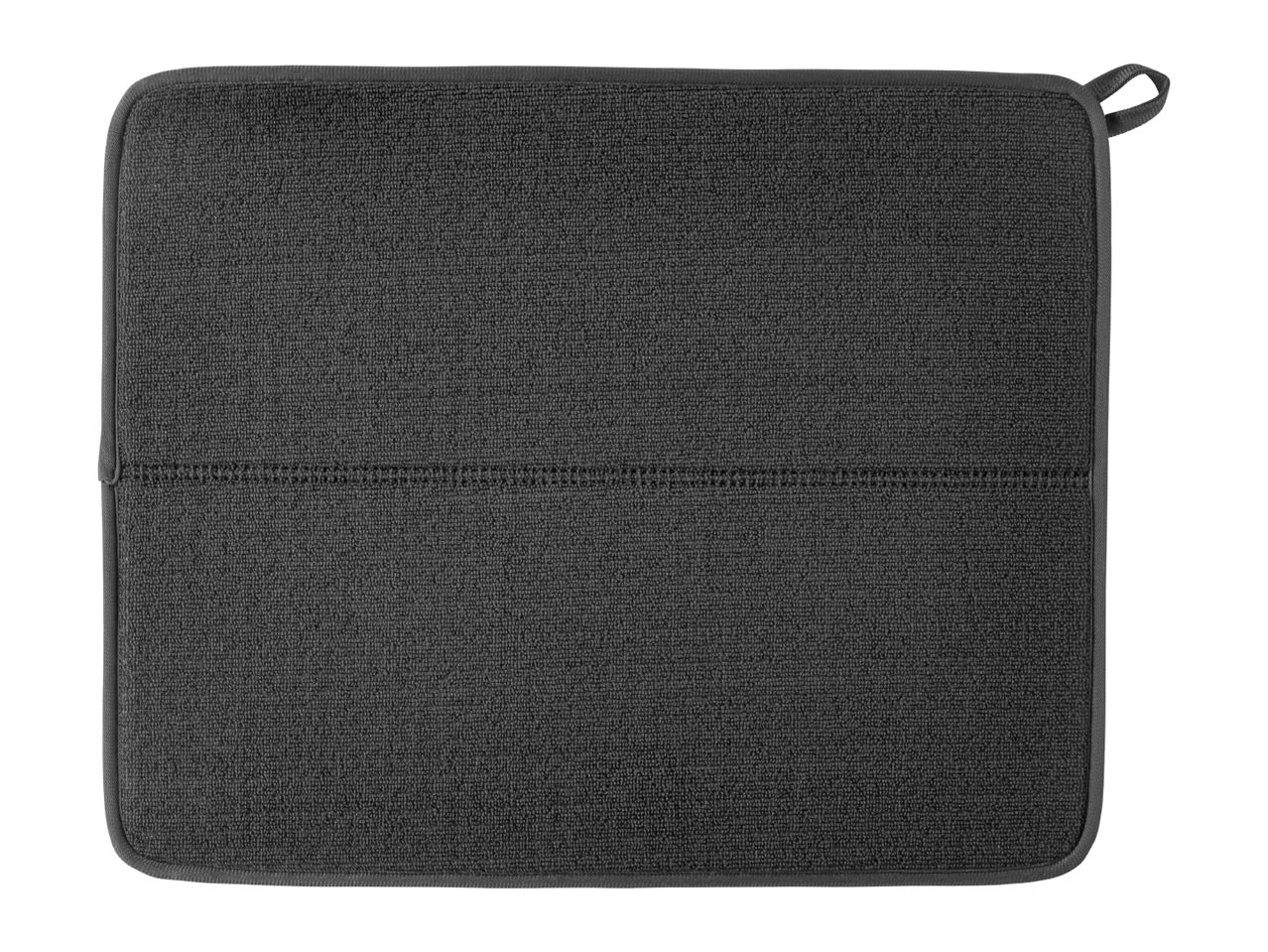 A dark gray, square kitchen pot holder with a hanging loop.