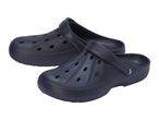 Pair of dark blue clogs with ventilation holes and a movable heel strap.