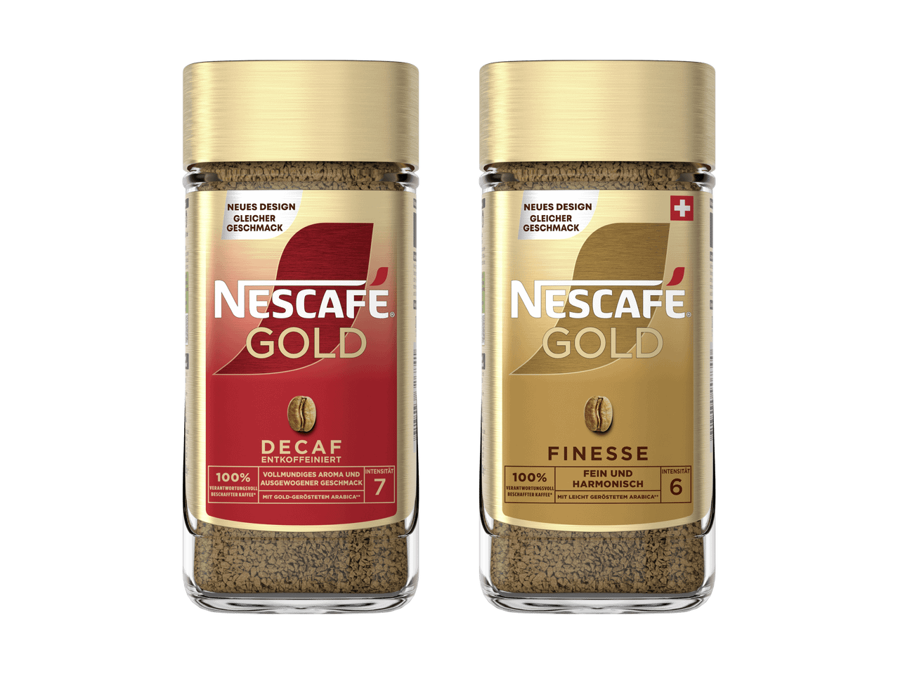 Zwei Gläser Nescafé Gold Instantkaffee, Decaf und Finesse, auf schwarzem Hintergrund.