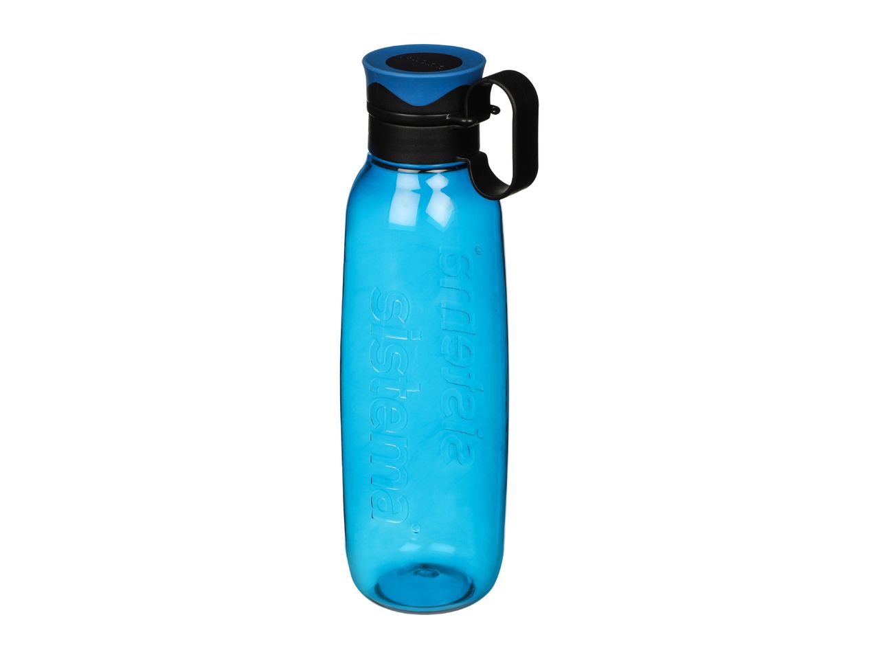 Blue plastic water bottle with a black handle and lid