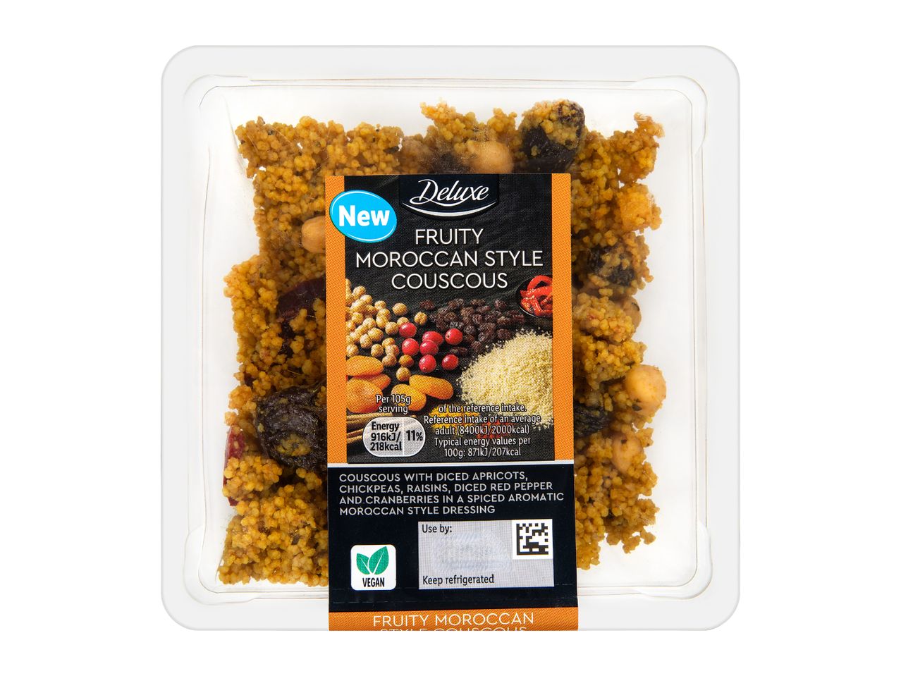 Fruity Moroccan style couscous with diced apricots, chickpeas, raisins, red pepper, and cranberries.