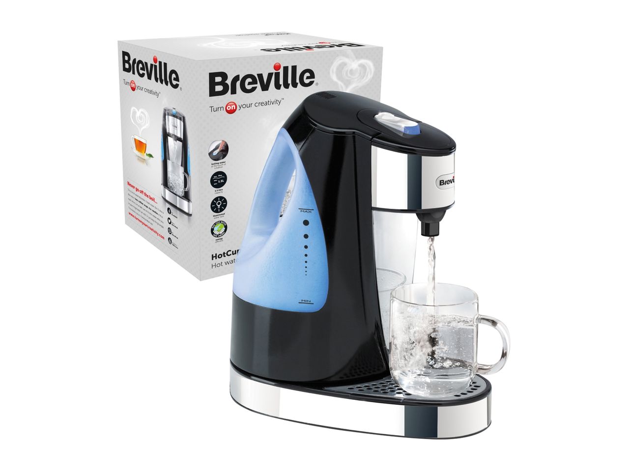 Hot water dispenser with a 1.5L capacity, pouring water into a glass mug, with its packaging.