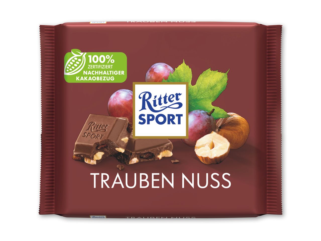 Mørk chokolade med hasselnødder og rosiner, med et grønt mærke for 100% certificeret bæredygtig kakao.