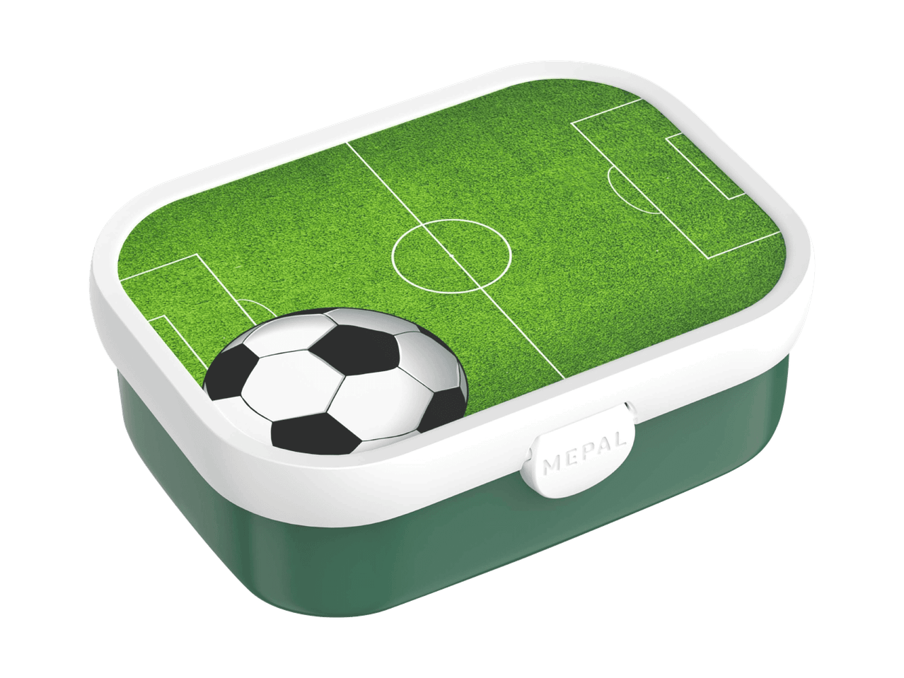 Madkasse med fodboldbane-design og en fodbold.