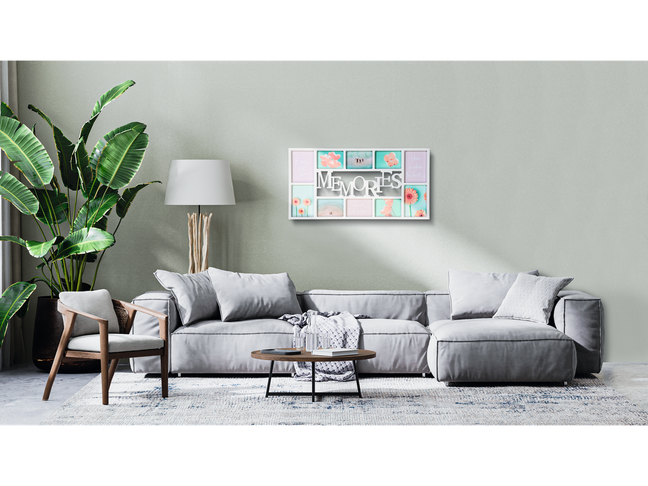 Grey sofa, multi-photo frame with flowers and the word 'Memories'.
