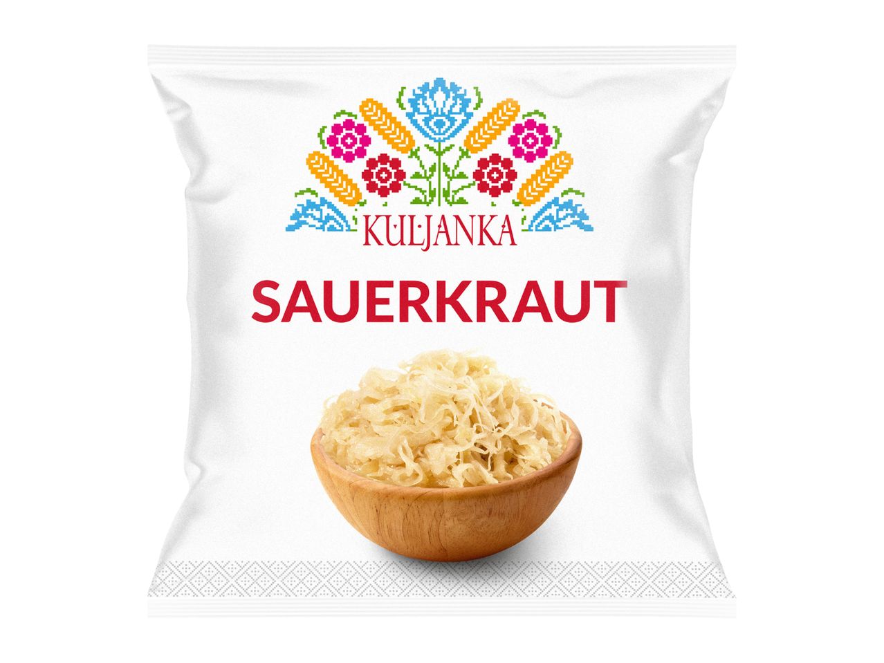 Sauerkraut in a wooden bowl on a white pouch with folk art design.