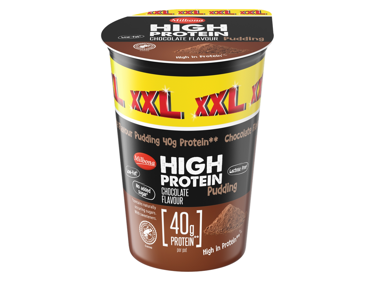 Pudim de chocolate Milbona com alto teor de proteína (40g), baixo teor de gordura e sem açúcar adicionado.