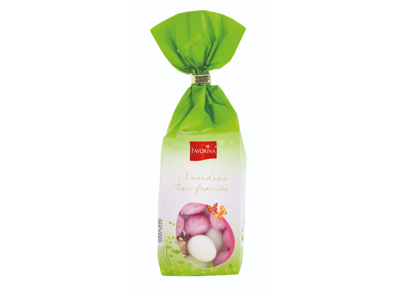Saco de amêndoas tipo francês, com amêndoas brancas e cor-de-rosa.
