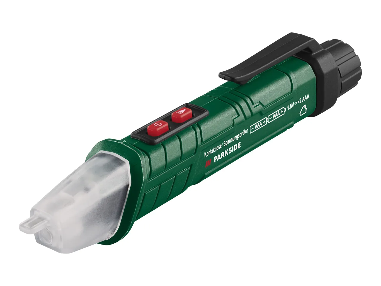 A green and black non-contact voltage tester with two red buttons and a clip.