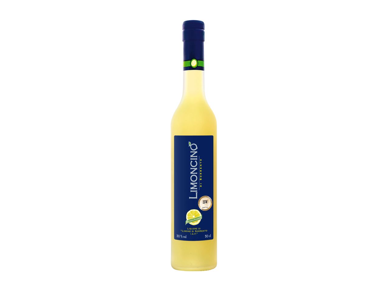 A bottle of Limoncino di Sorrento liqueur with a blue label and a lemon graphic.