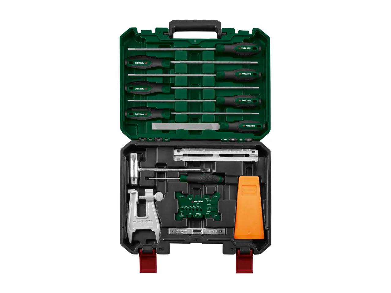 Open tool case with chainsaw sharpening and maintenance tools.