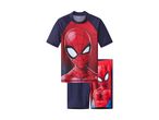 Børne-badeudstyr med Spiderman-motiv, bestående af en rød og blå T-shirt og matchende shorts.