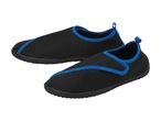 Pair of black water shoes with blue trim and pull tabs