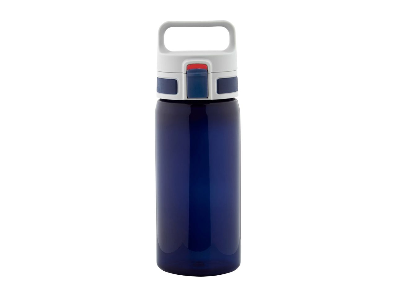 Blue water bottle with handle.