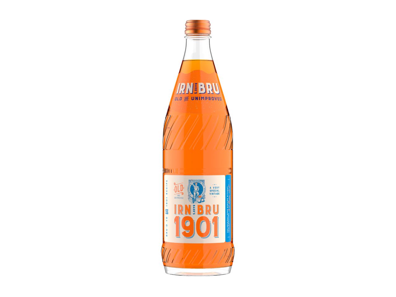 Irn-Bru 1901 Old and Unimproved soda in a glass bottle.