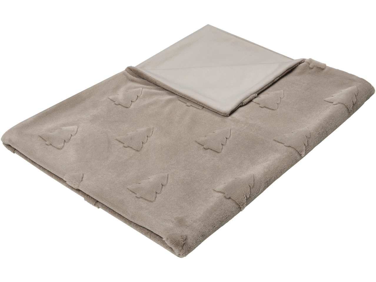 Smėlio spalvos antklodė su įspaustomis eglutėmis, dalinai sulankstyta, kad matytųsi šviesesnė apačia.