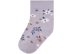 Lavender baby socks with a floral pattern.