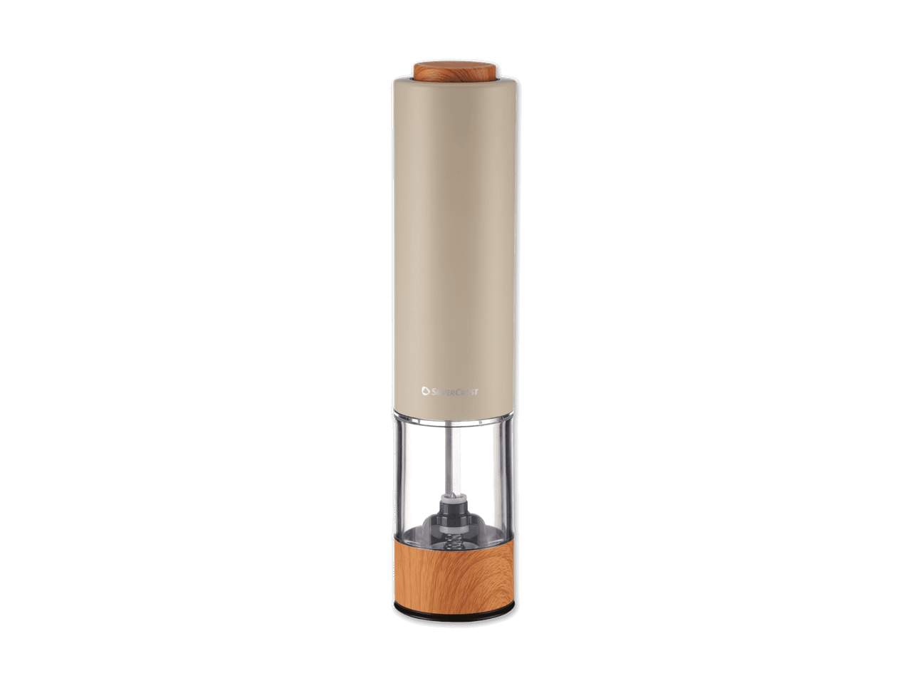 Elektrische Gewürzmühle in Beige mit Holzdetails