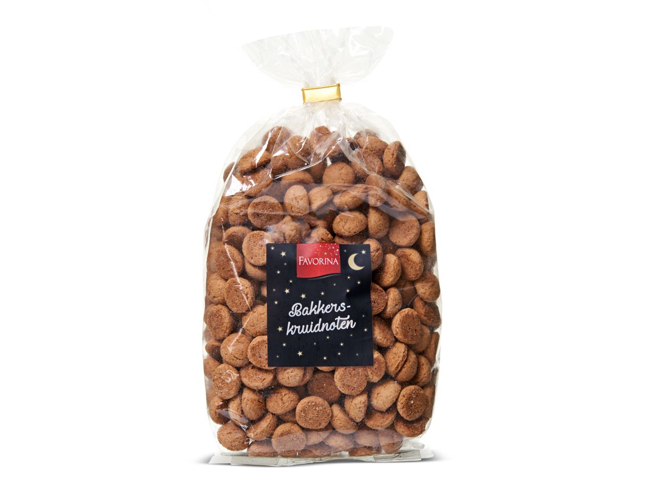 Een zak Favorina Bakkers-kruidnoten met een donkerblauw etiket met sterren en een halve maan.