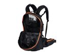 Black and orange open backpack with internal compartments and emergency numbers.