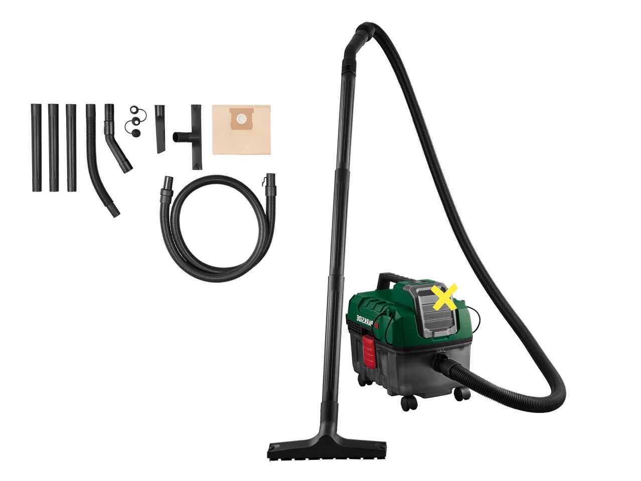 Nass- und Trockensauger mit Zubehör wie Schläuchen, Rohren, Düsen und Filterbeutel.