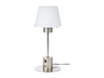 A modern brushed nickel table lamp with a frosted glass shade and USB port.