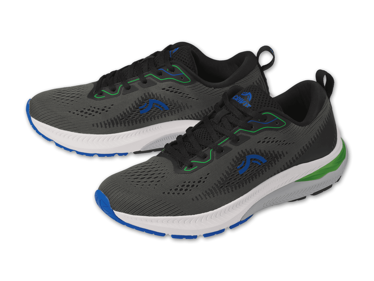 Ein Paar dunkelgrauer Sportschuhe mit blauen und grünen Akzenten.