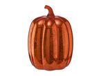 A shiny, orange glass pumpkin with a textured, speckled finish and a curved stem.